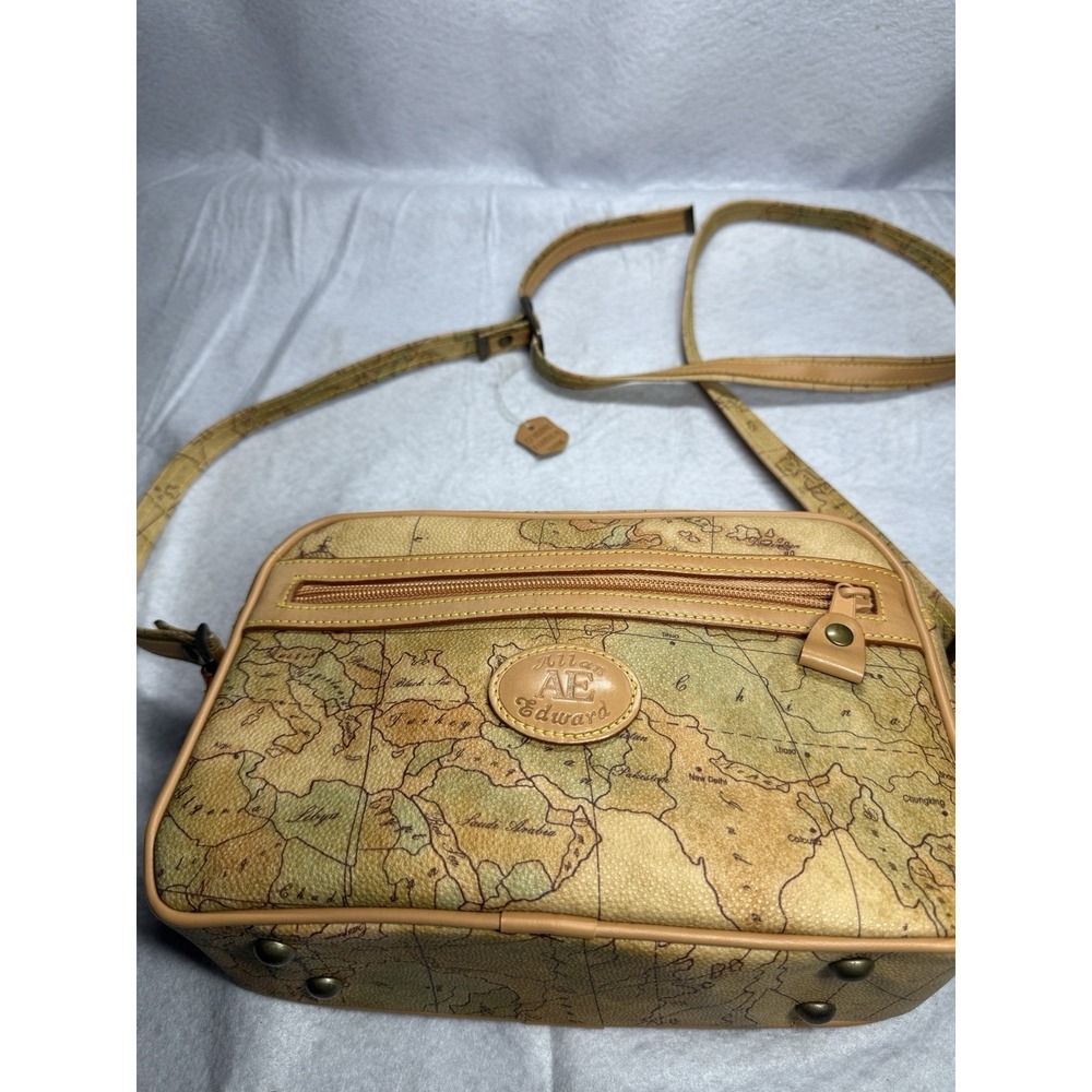 Vintage Allan Edward Map Print  Crossbody Bag Zip Adjustable Strap Leather Trim